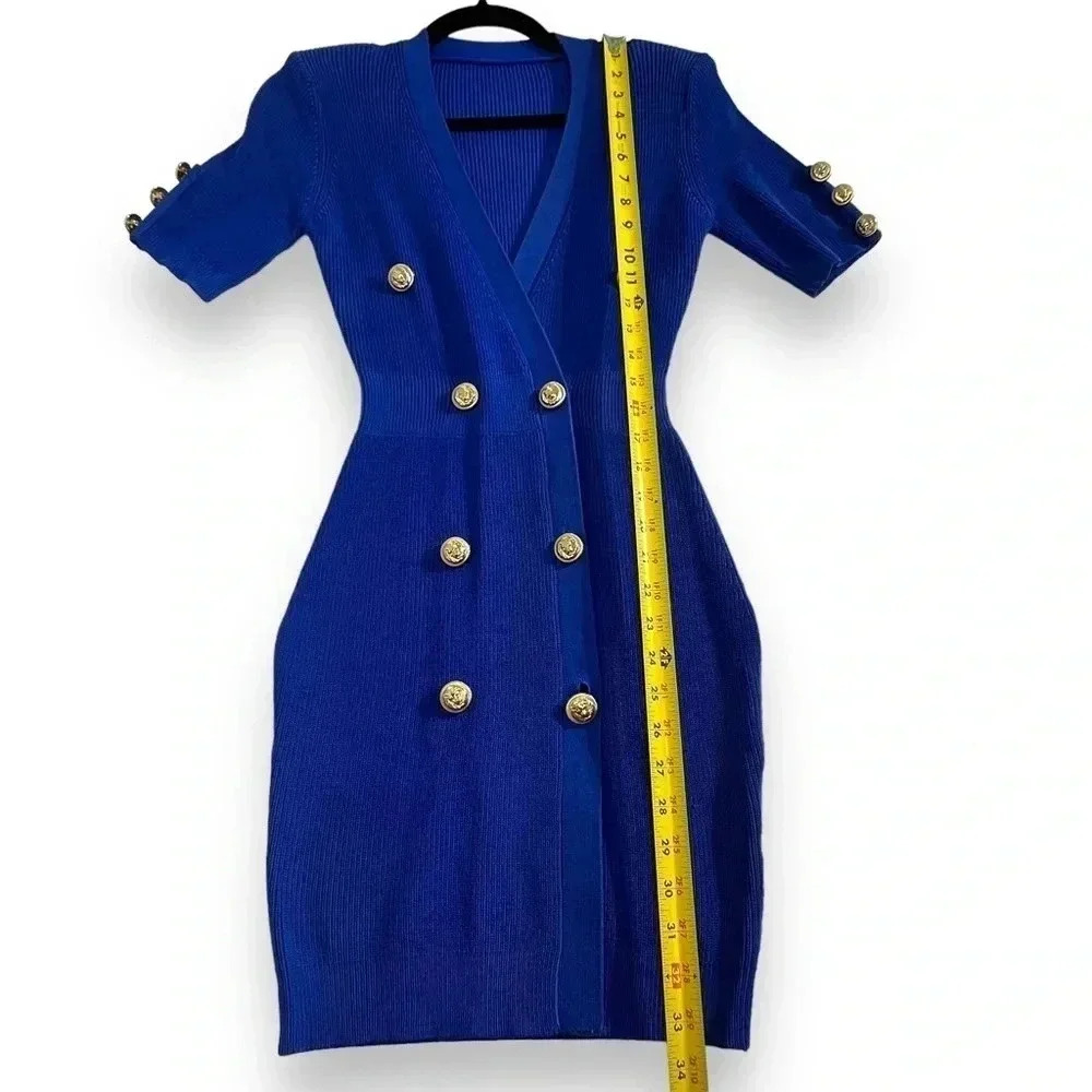 Vanity Couture Marishka Deep V Button Up Knit Dress Royal Blue Gold Buttons - Picture 11 of 14